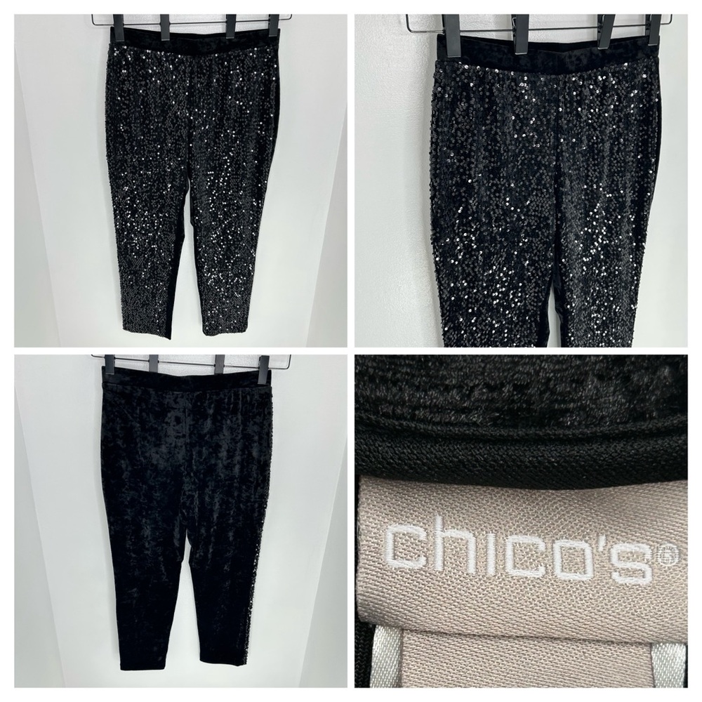 Chicos Black Sequin Velour Crushed Velvet Ankle Pant Size 8P Tapered Leg 32x26.5